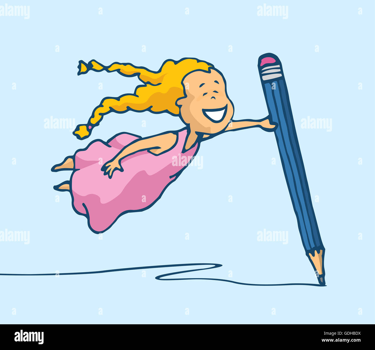 Cartoon illustration of flying creative girl drawing with huge pencil Stock Photo