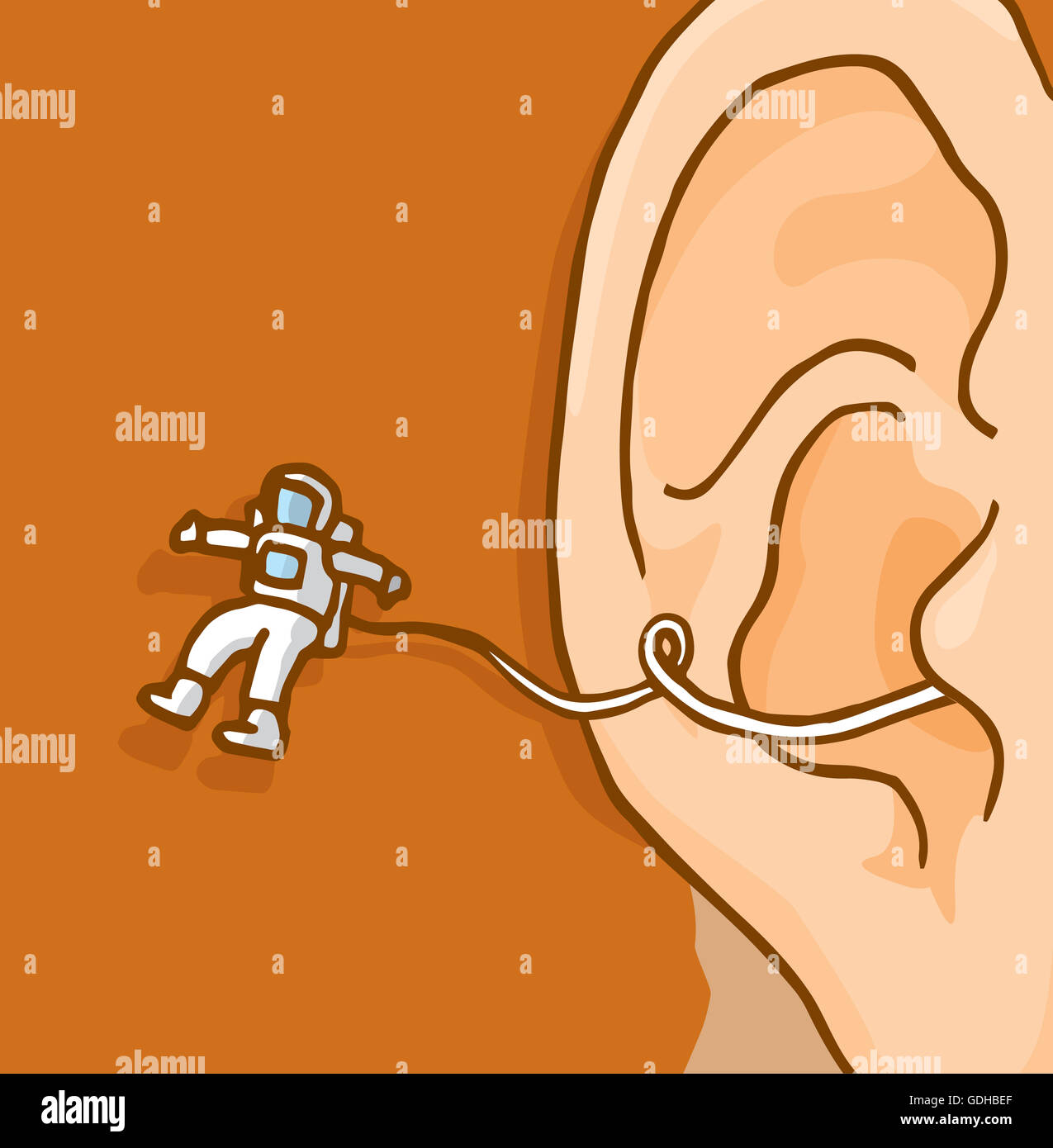 Cartoon illustration of astronaut exploring human mind Stock Photo