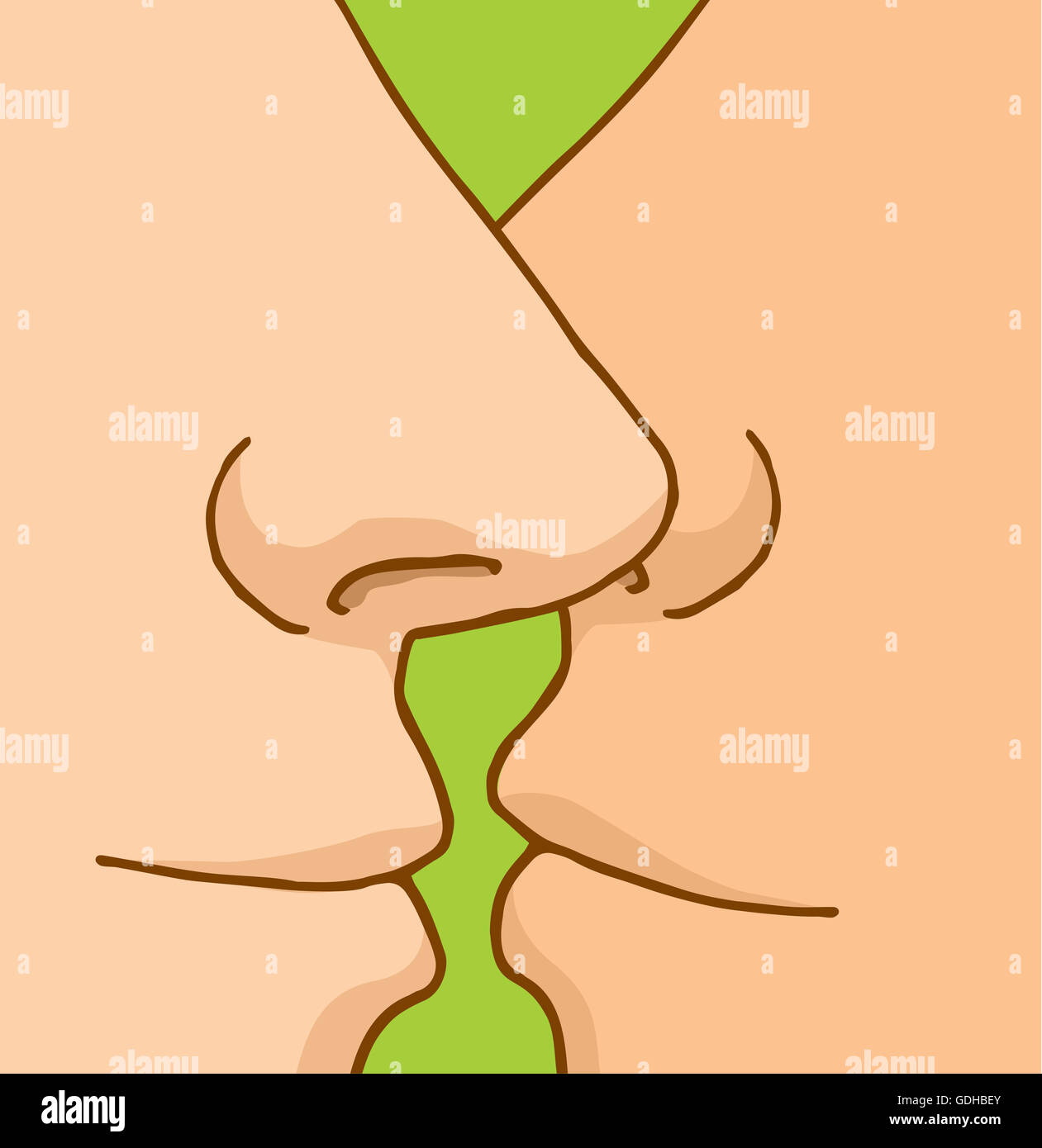 Cartoon illustration close up of two mouths about to kiss Stock Photo