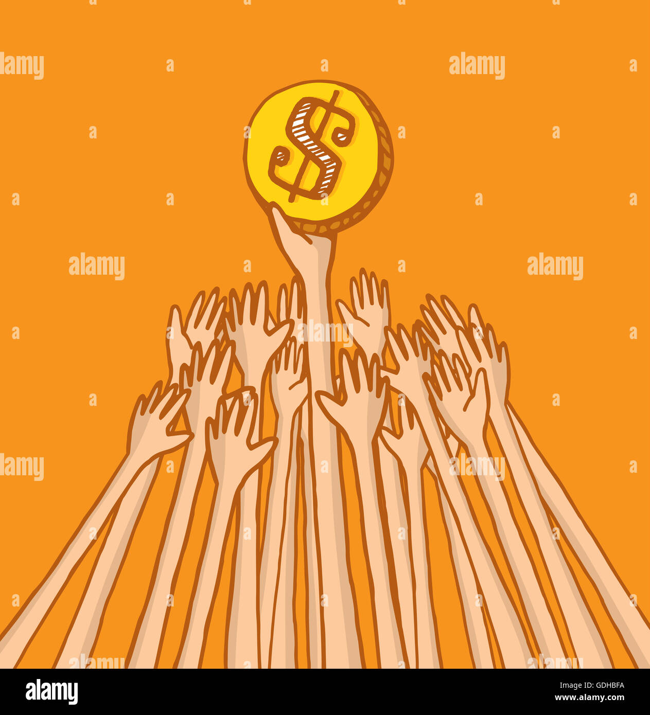 Cartoon illustration of arms struggling over coin or money Stock Photo ...