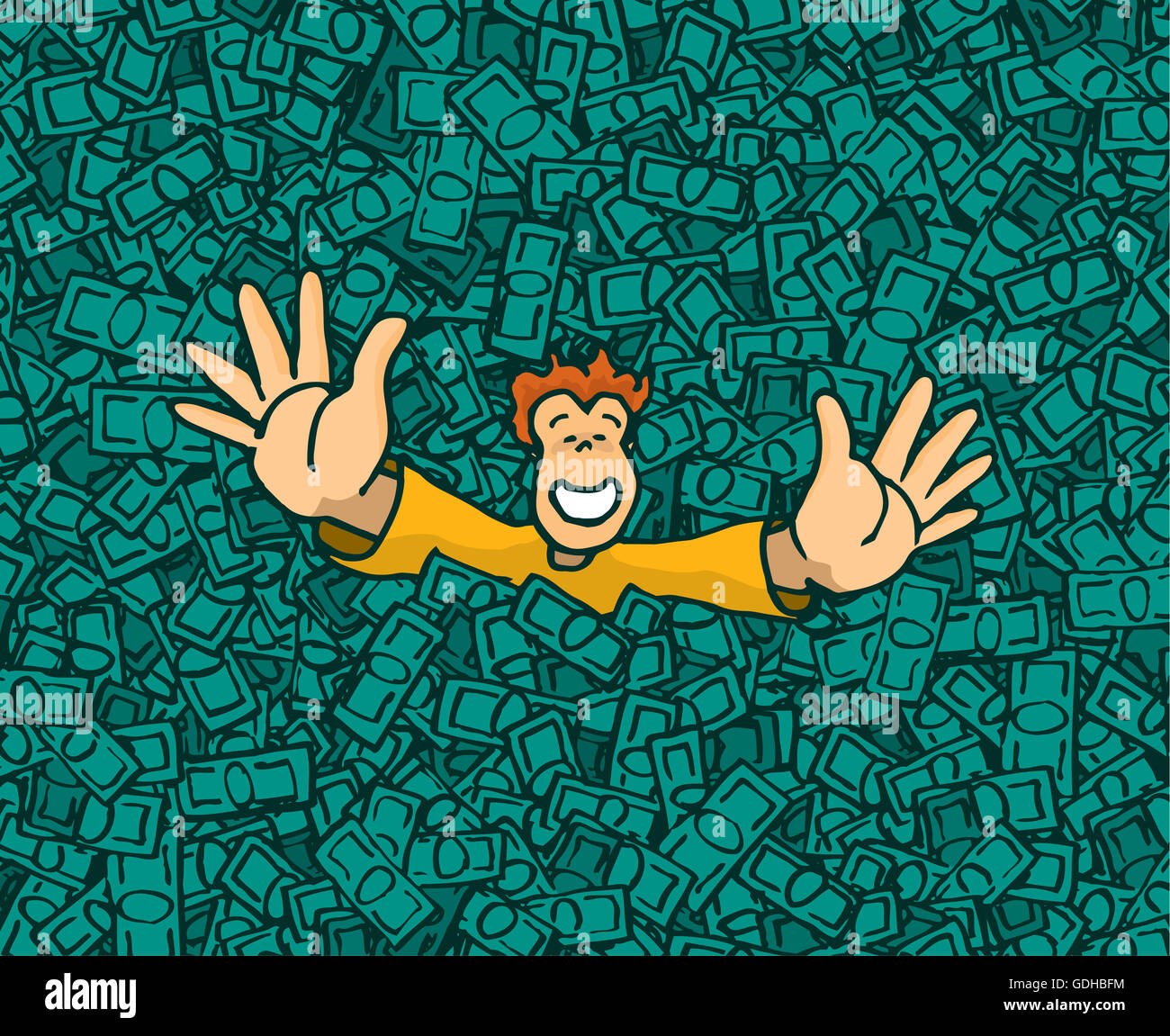 Cartoon illustration of happy rich man raising hands on money pool Stock Photo