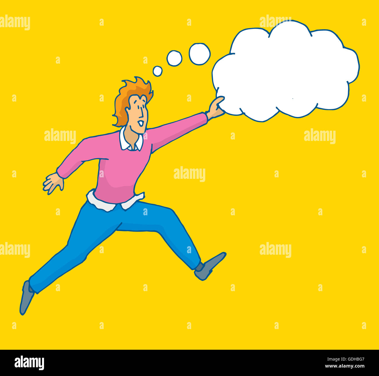 Cartoon illustration of brave man jumping catching his dreams or thoughts Stock Photo