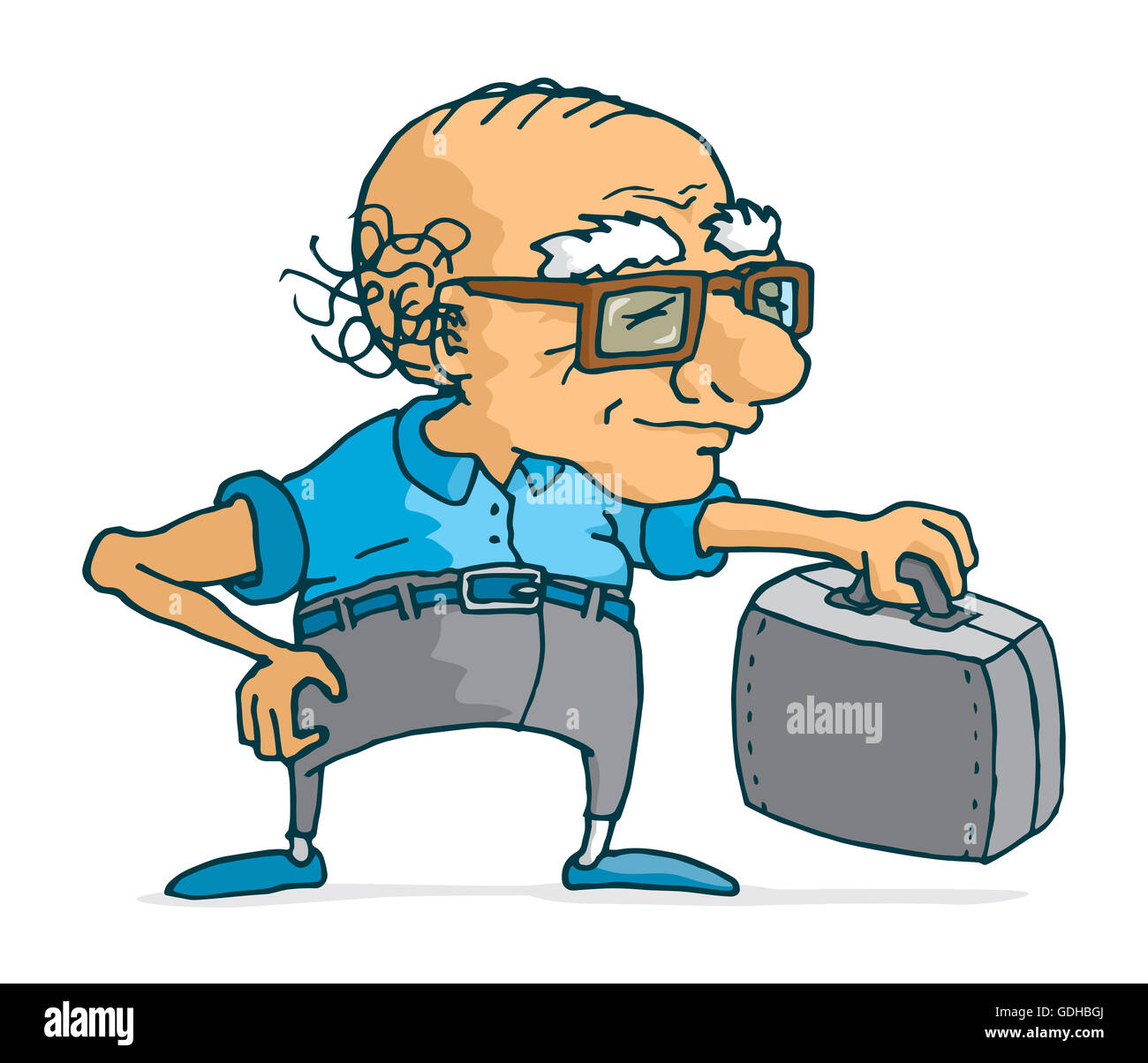 Cartoon illustration of an active senior with suitcase ready for travel Stock Photo