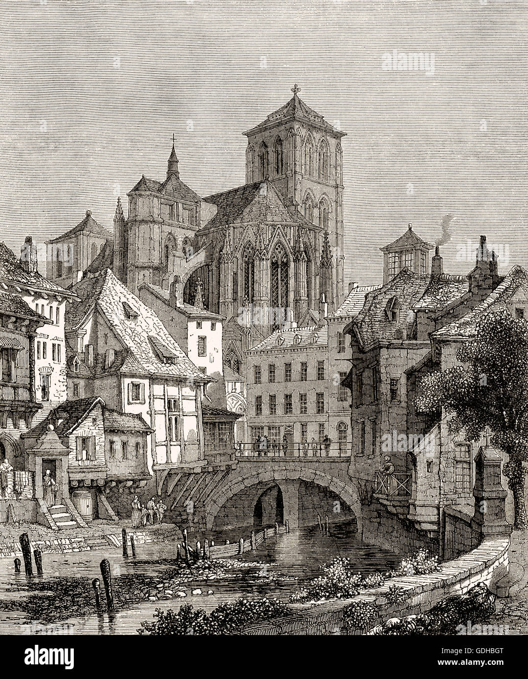 city-scape of Huy, a municipality of Belgium, 18th century Stock Photo