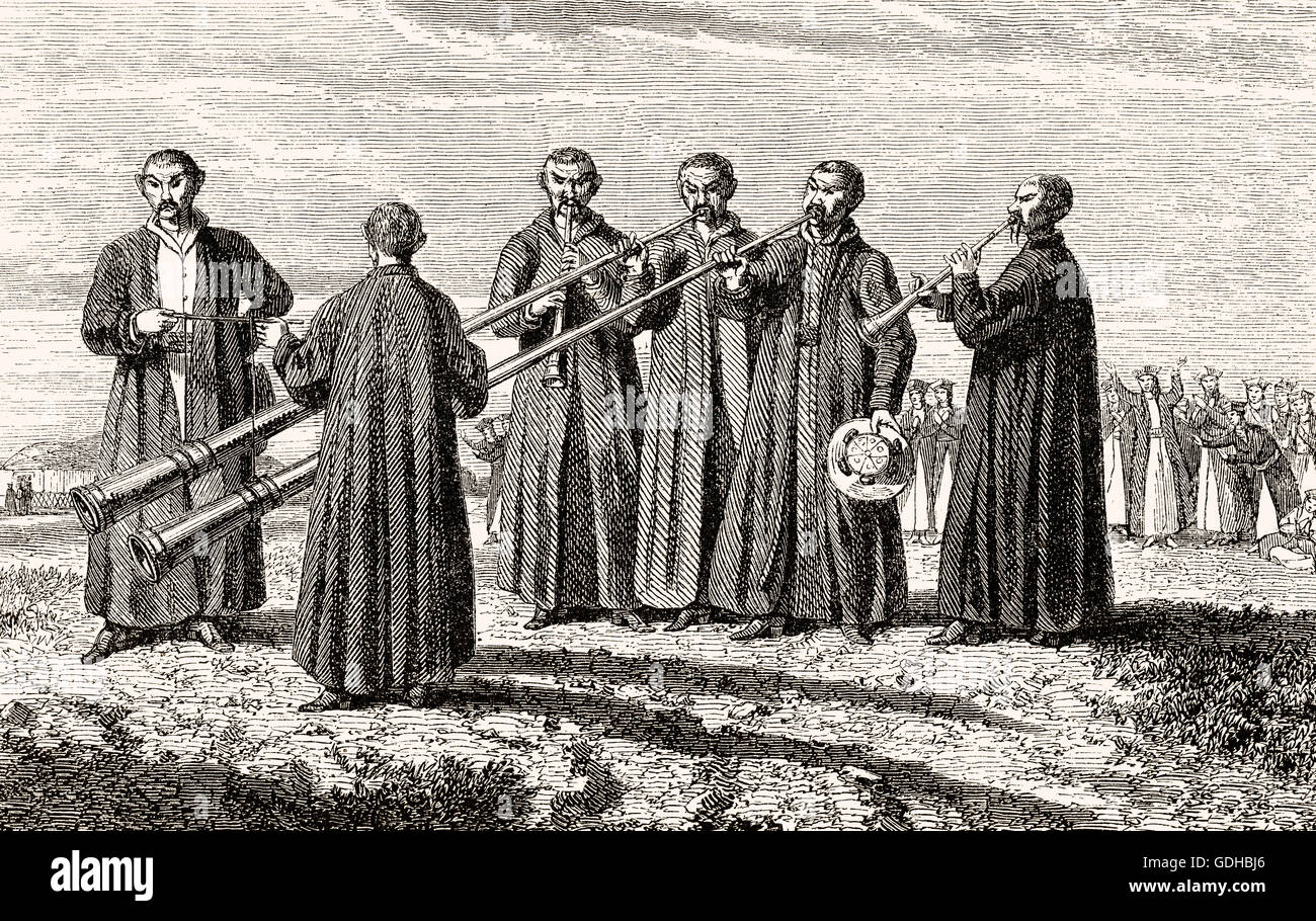 Kalmyk Buddhist monks playing the Tibetan horn, Russian Republic of Kalmykia, 19th century Stock Photo