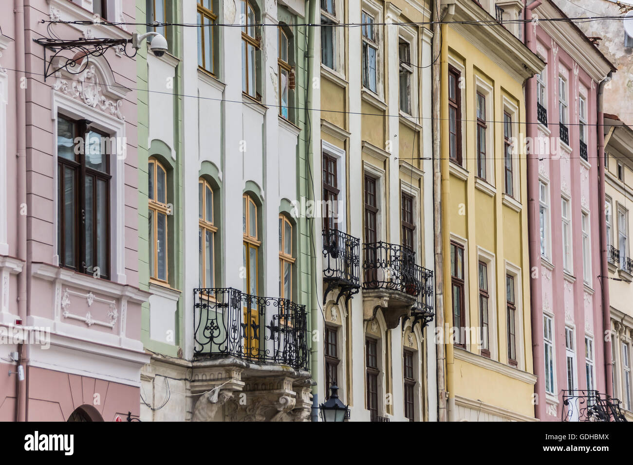 Detail of houses at the market square of Lviv, Ukraine Stock Photo
