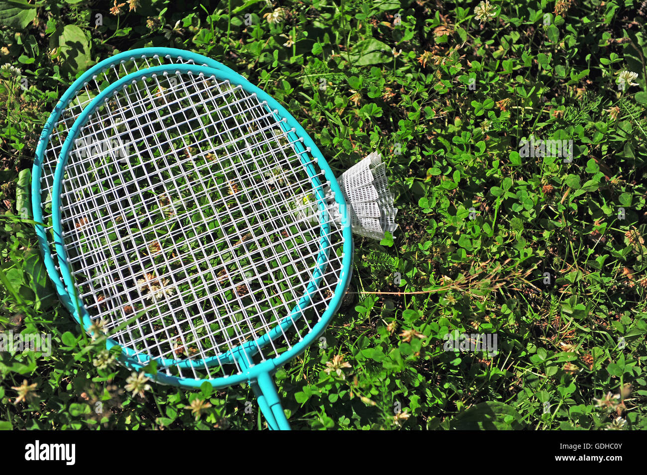 Badminton rackets and shuttle in the grass Stock Photo