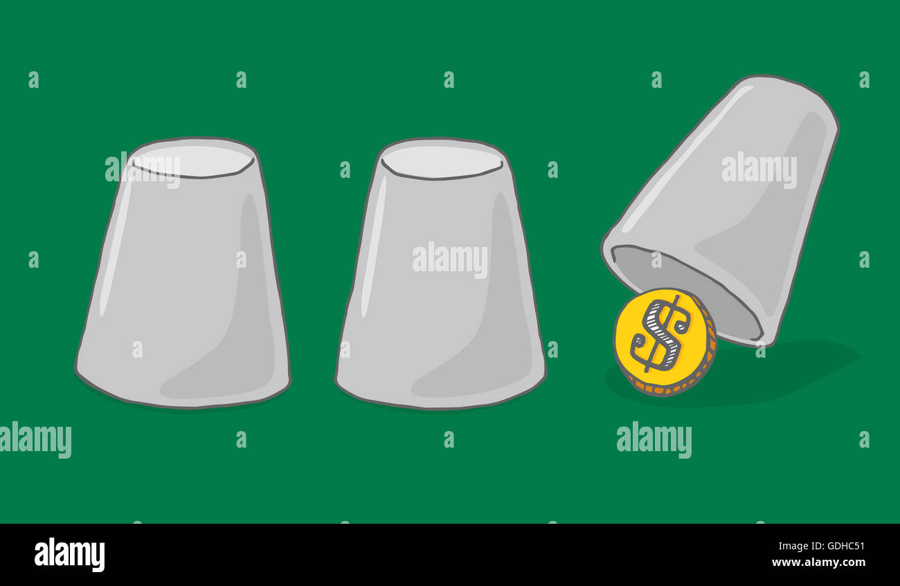 Cartoon illustration of money hiding under a cup or business opportunity Stock Photo