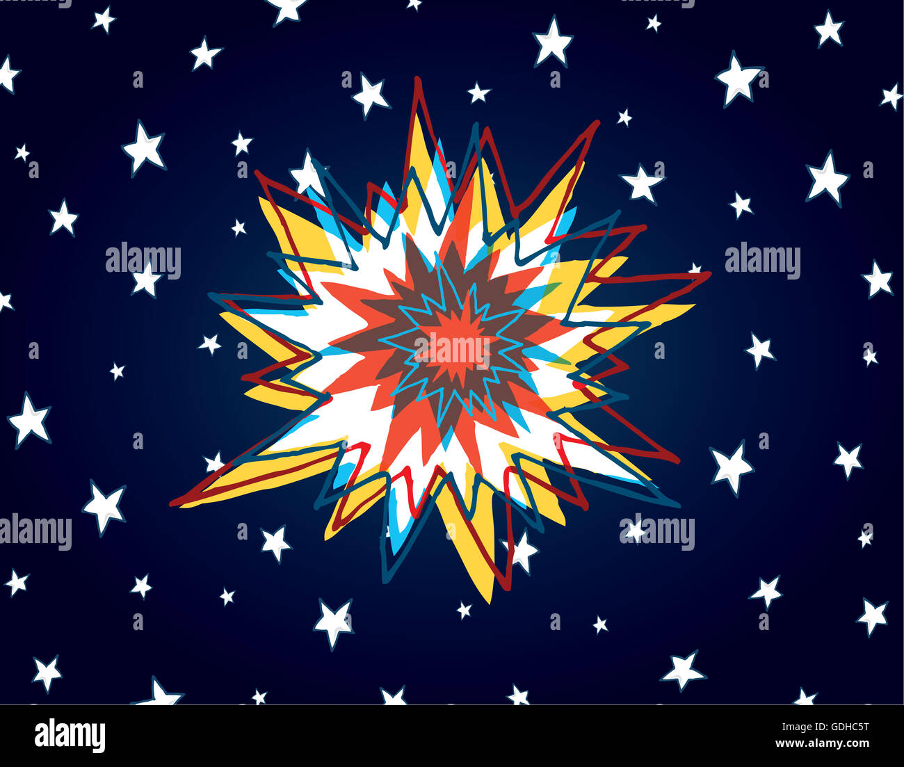 Cartoon illustration of big bang or powerful explosion in space Stock Photo