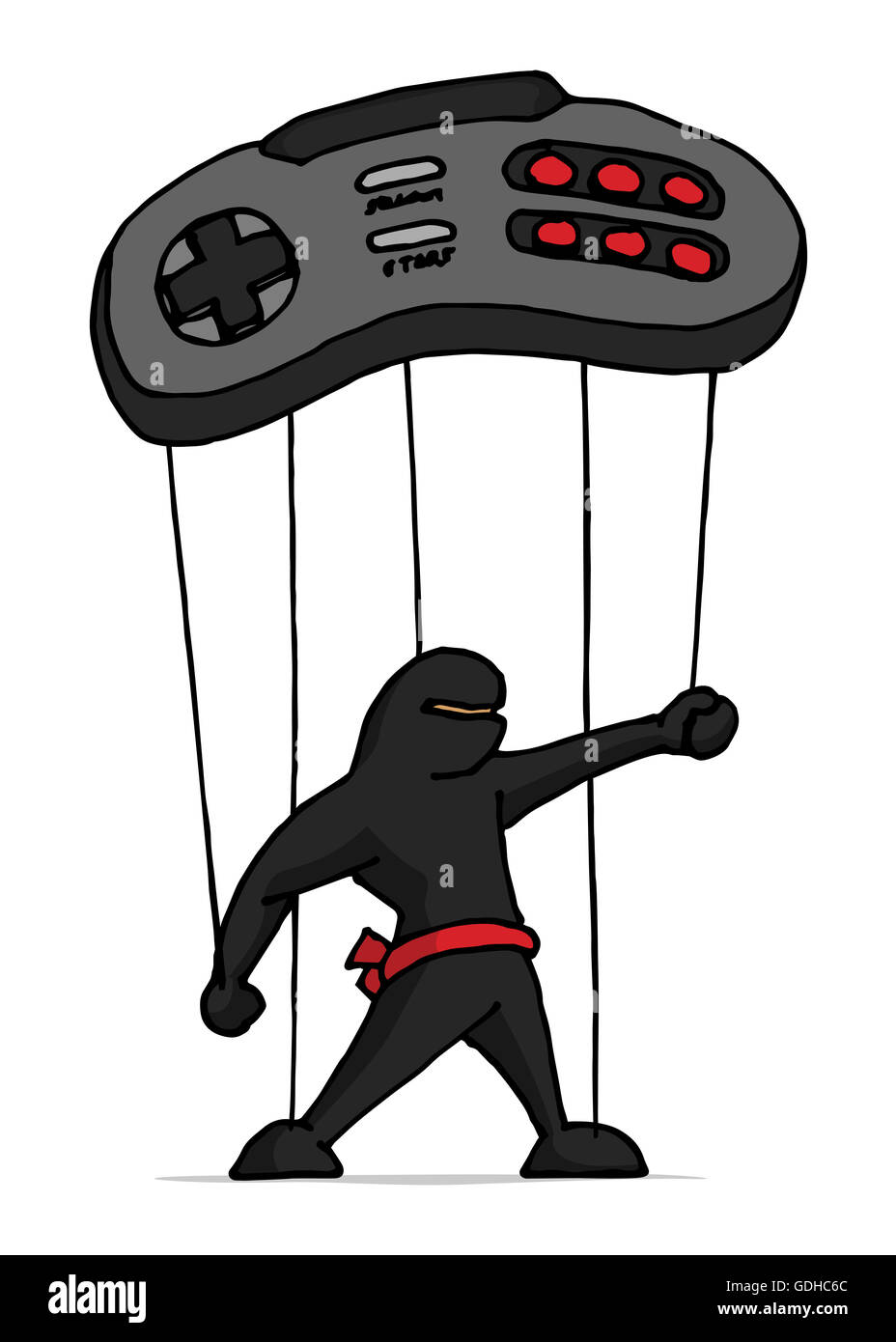 Cartoon illustration of ninja marionette controlled by game controller Stock Photo