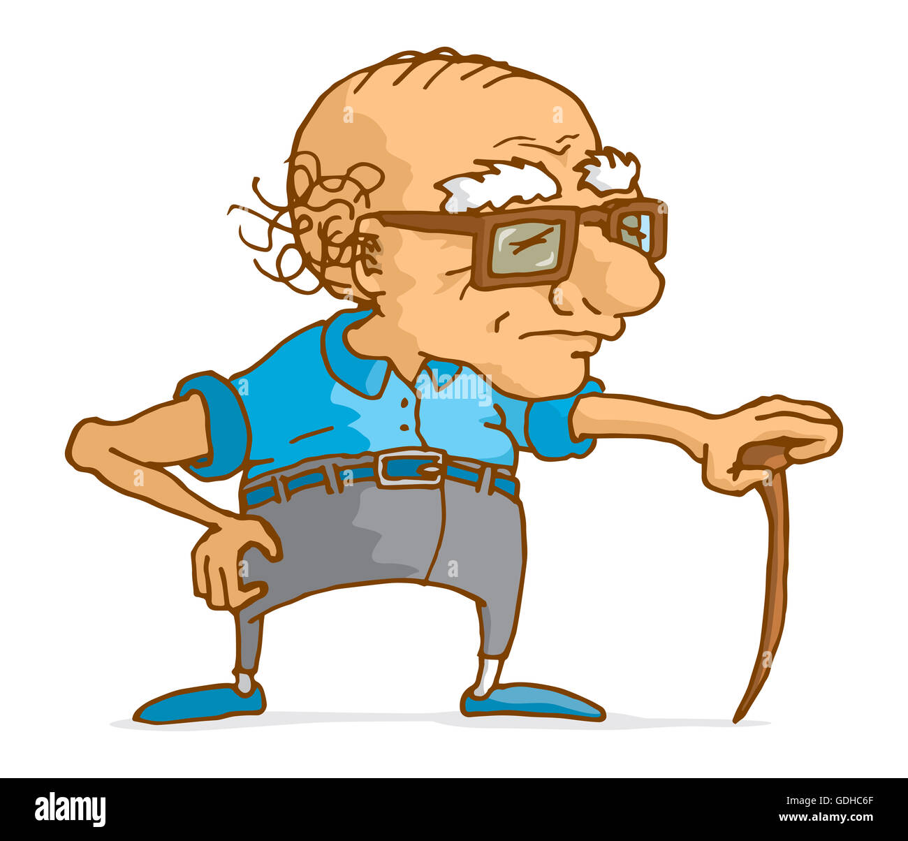 Cartoon illustration of senior man leaning on wood cane Stock Photo