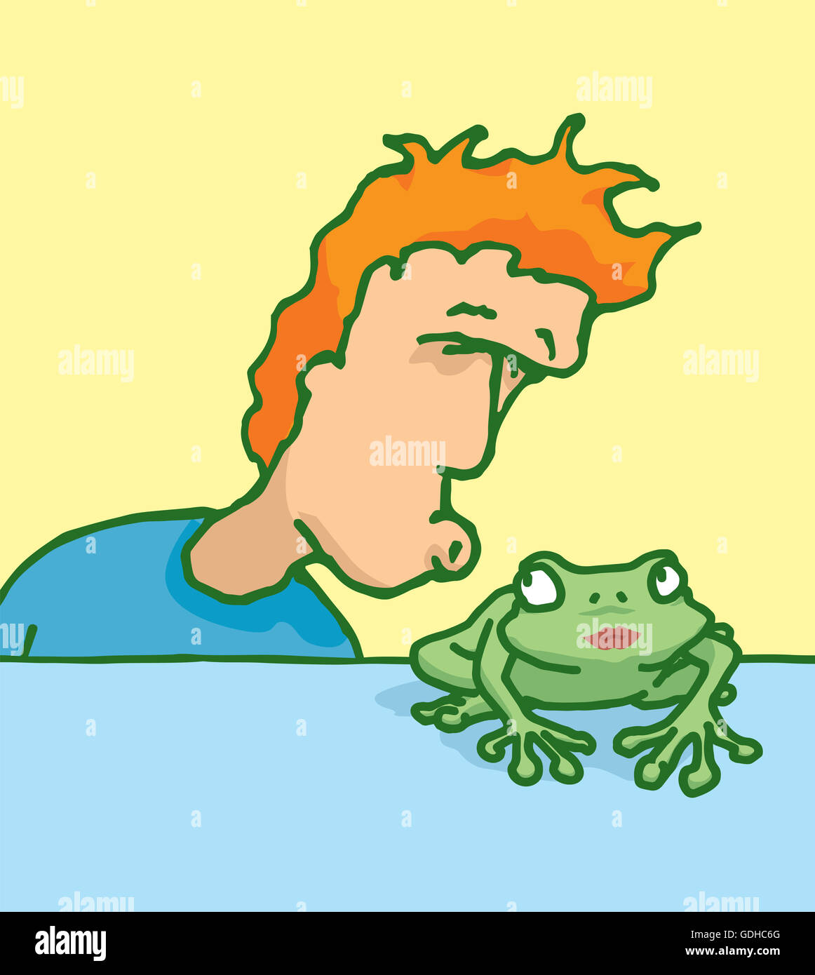 Funny cartoon illustration of young man in love about to kiss a frog Stock  Photo - Alamy