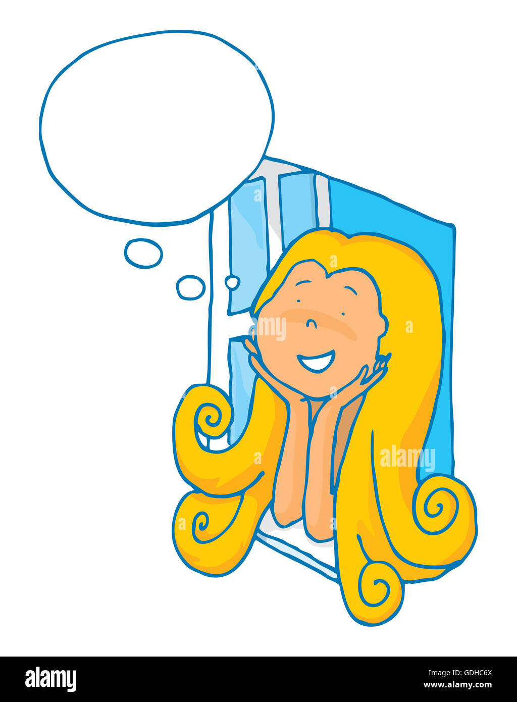 Cartoon illustration of cute girl using her imagination with blank thought bubble Stock Photo