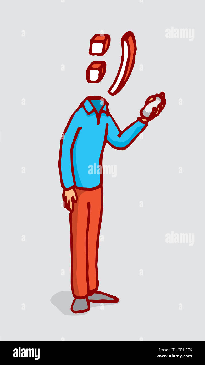 Cartoon illustration of man with smile emoticon face texting on mobile phone Stock Photo