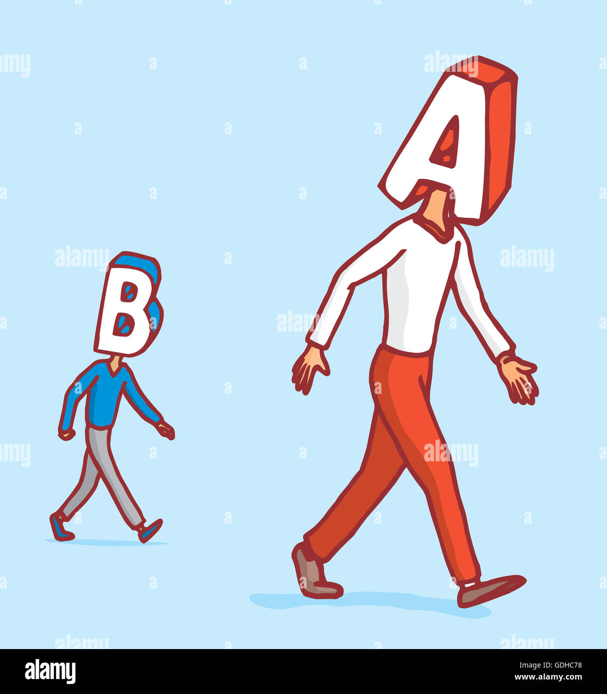 Cartoon illustration of competition between two letter heads walking Stock Photo