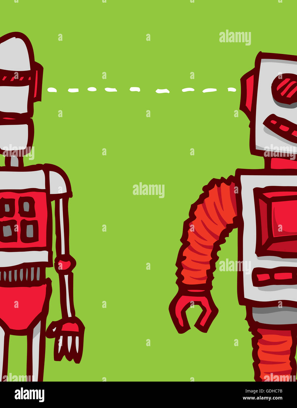 Cartoon illustration of two different robots communication sharing information or connecting Stock Photo