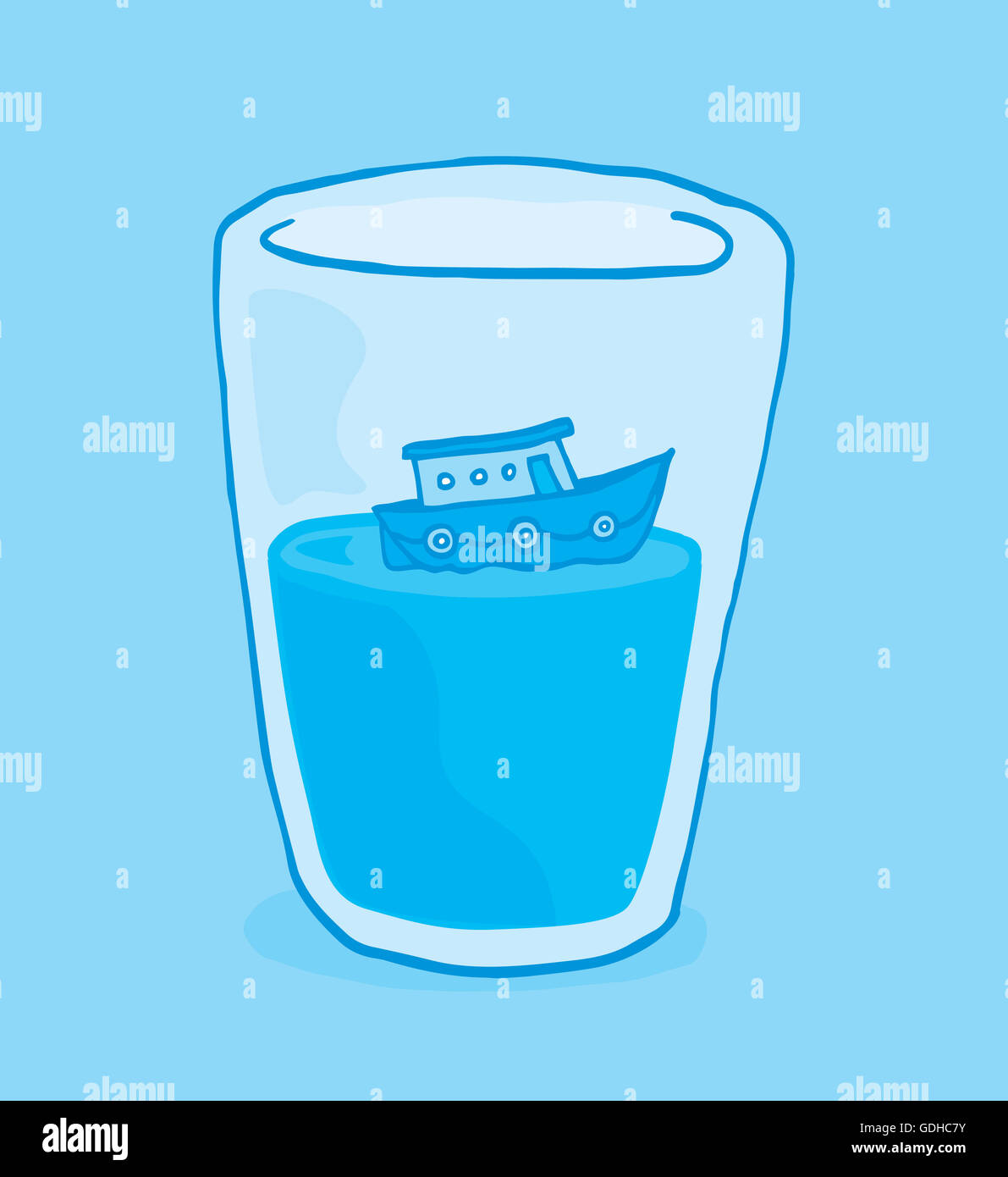 Cartoon illustration of miniature boat floating on glass of water Stock Photo