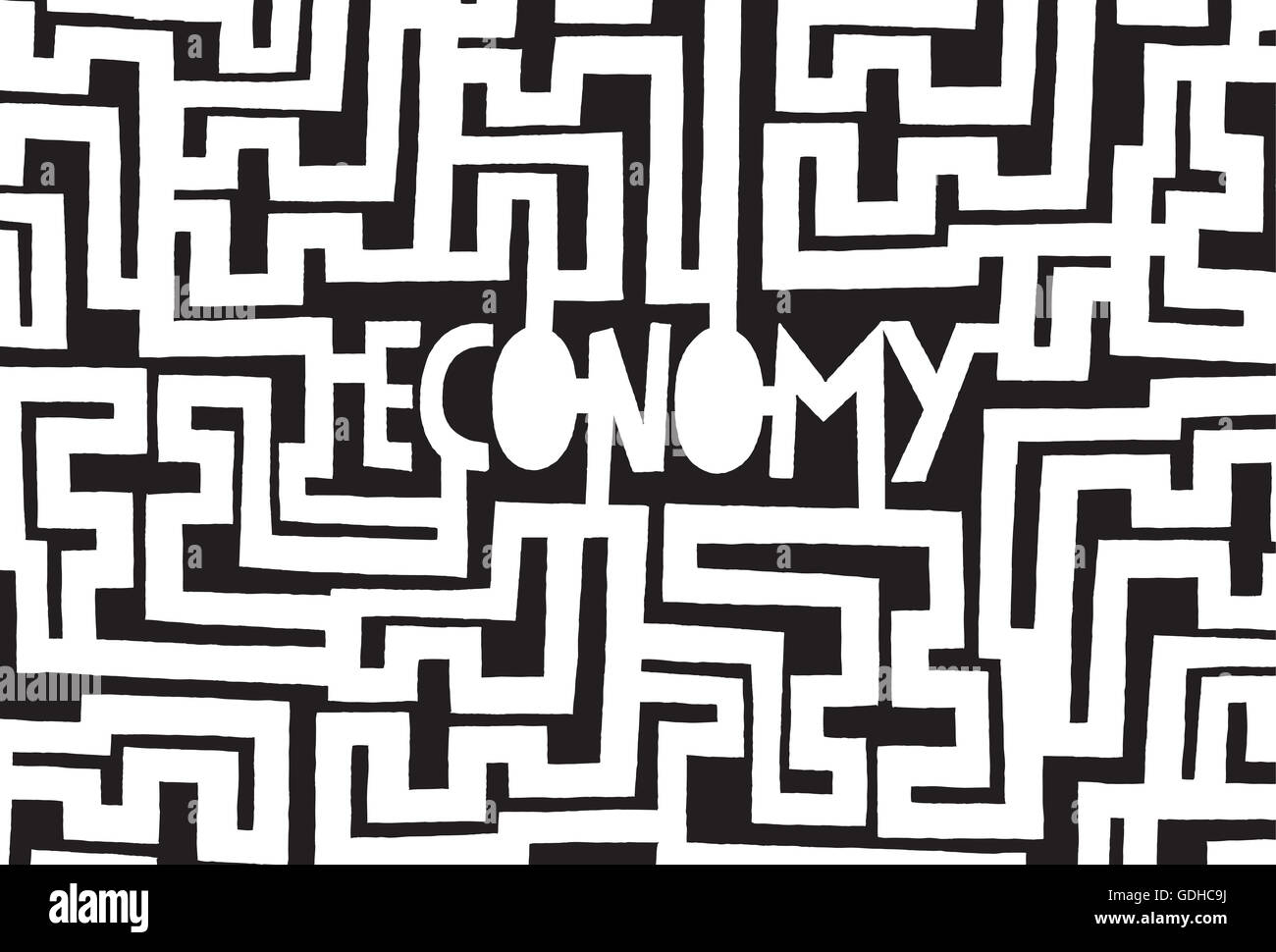 Cartoon illustration concept of complex maze with economy word on center Stock Photo