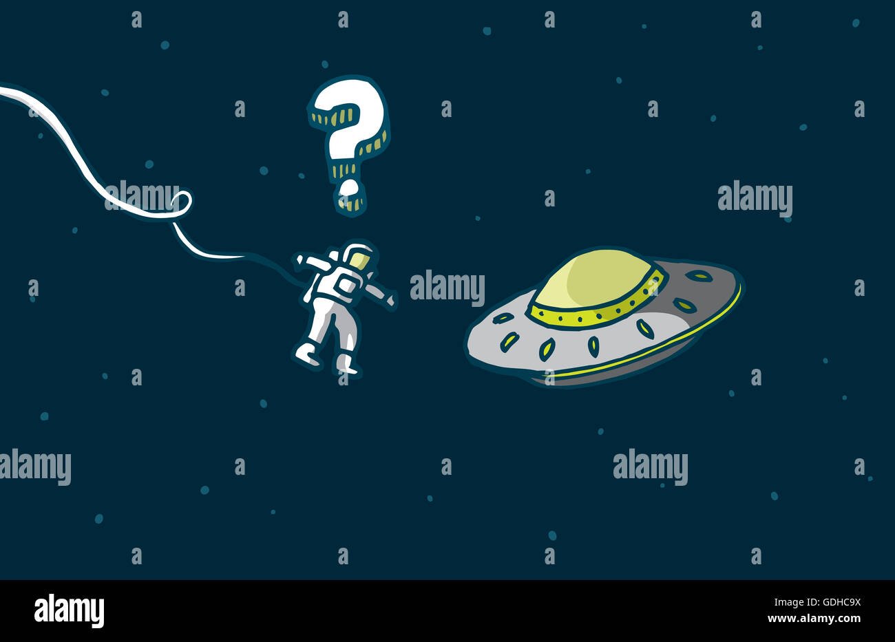 Cartoon illustration of a funny encounter between astronaut and alien spaceship Stock Photo