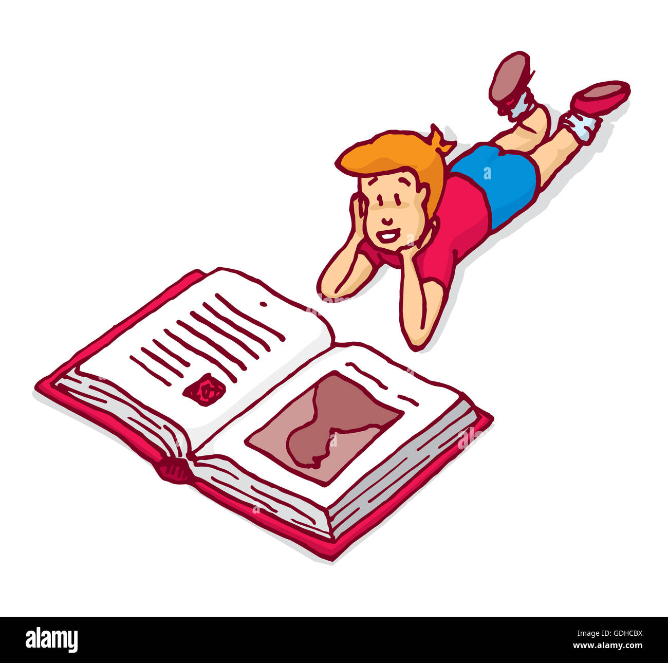 Cartoon illustration of interested child reading a big book Stock Photo