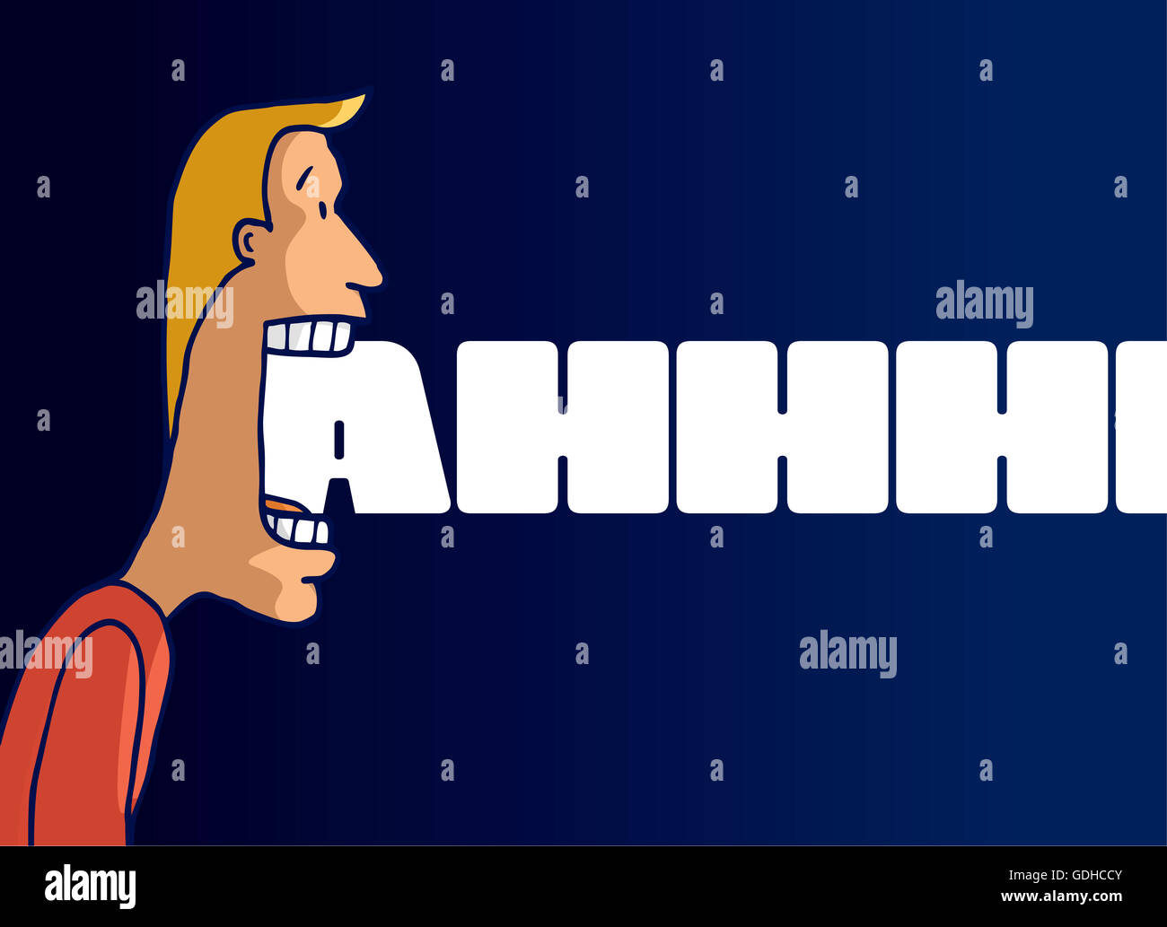 Cartoon illustration of scared man screaming loud letters Stock Photo