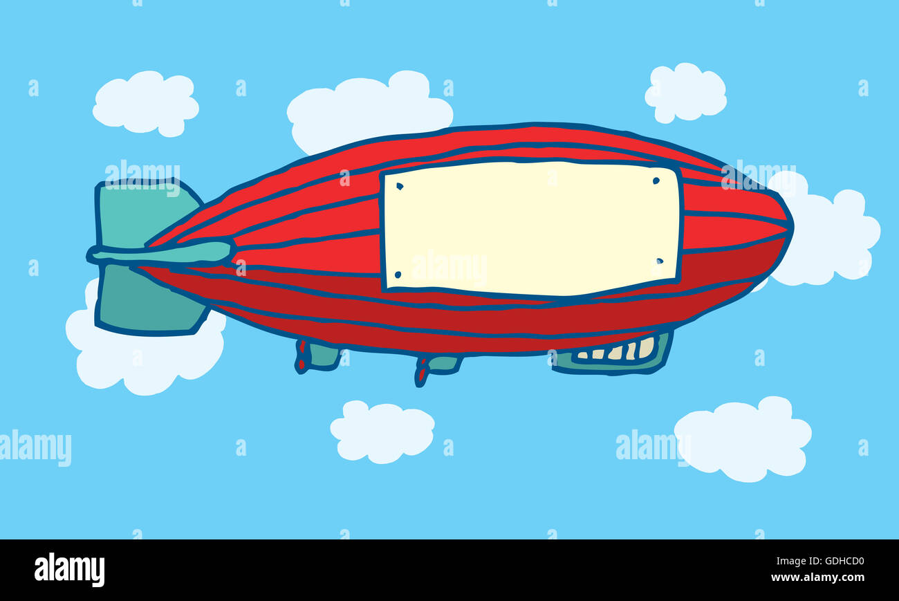 Cartoon illustration of flying zeppelin with blank advertising space sign  Stock Photo - Alamy
