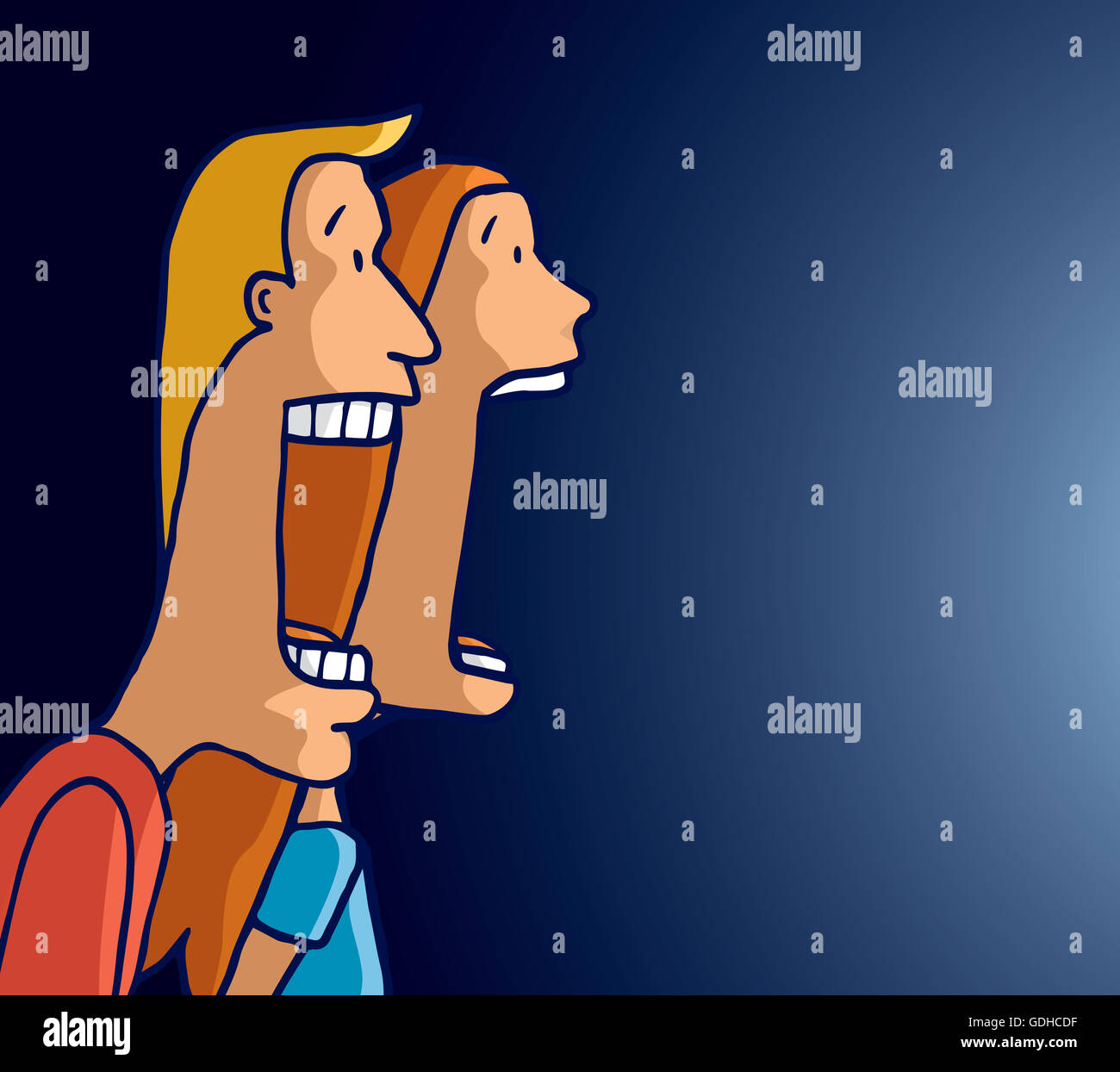 Cartoon illustration of scared couple screaming together facing a strong light Stock Photo