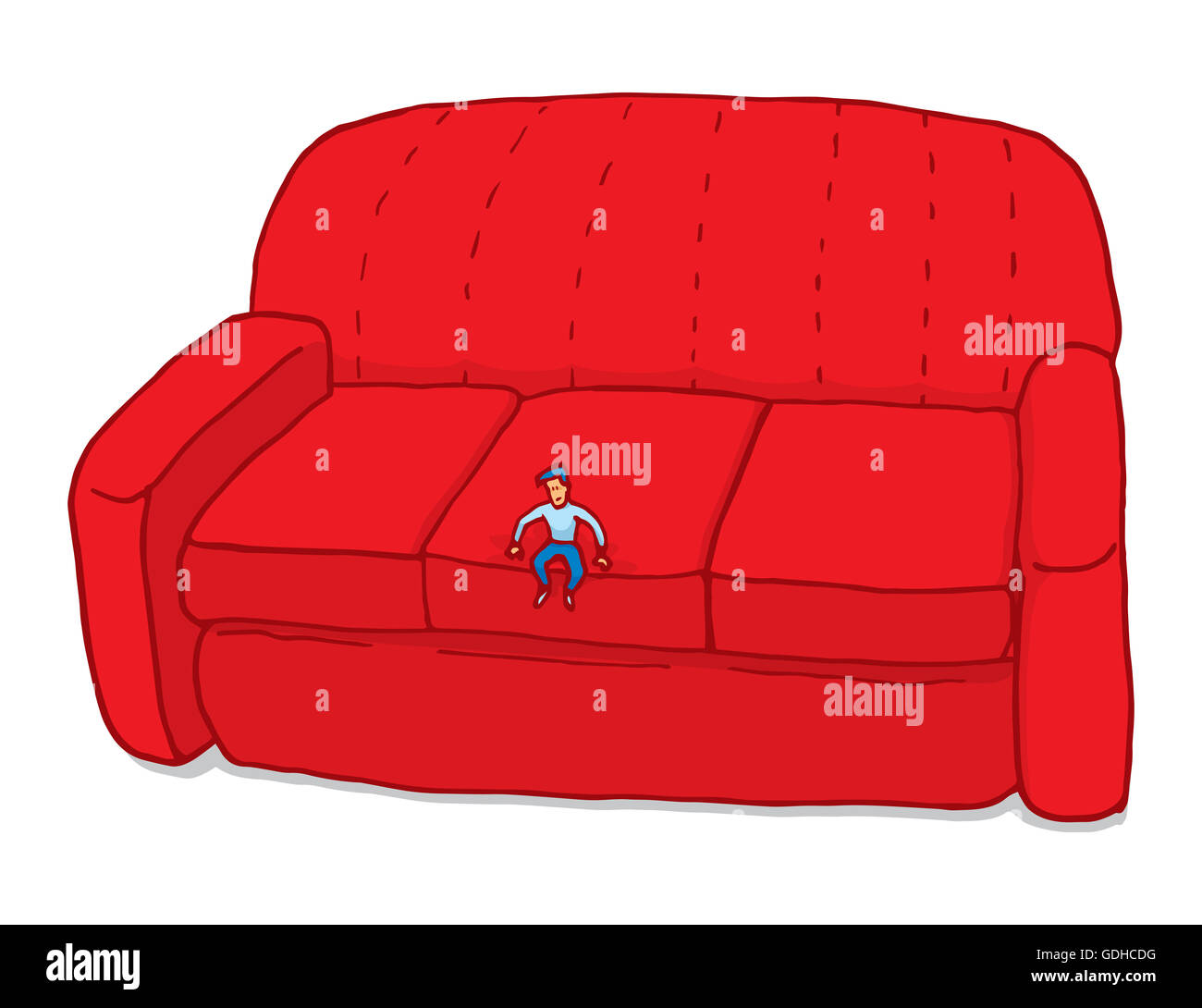 Cartoon illustration of miniature man feeling small on couch Stock Photo
