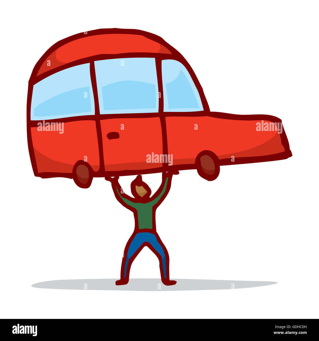 Cartoon illustration of strong man lifting a compact car over his head Stock Photo