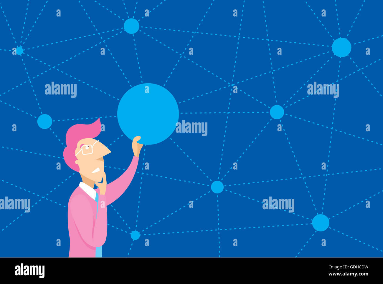 Cartoon illustration of man thinking and connecting dots on complex network Stock Photo