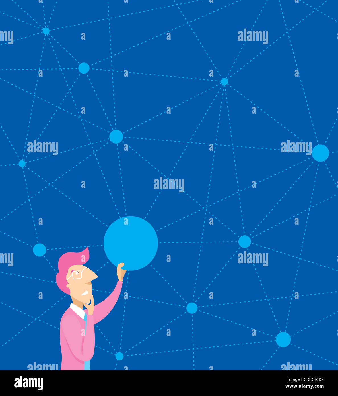 Cartoon illustration of man thinking and connecting dots on complex network Stock Photo