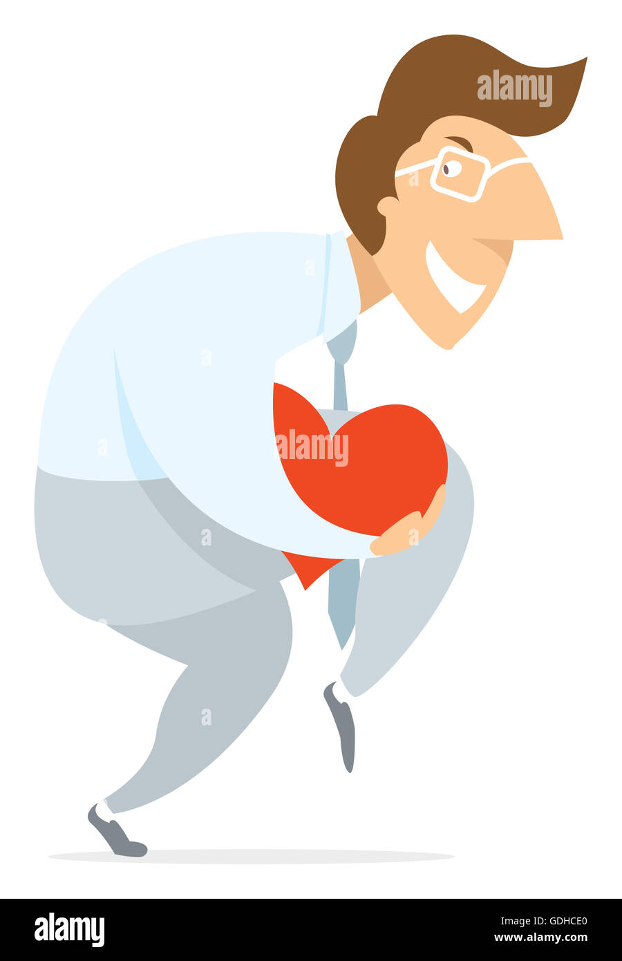 Cartoon illustration of man tip toe walking stealing heart or love Stock Photo