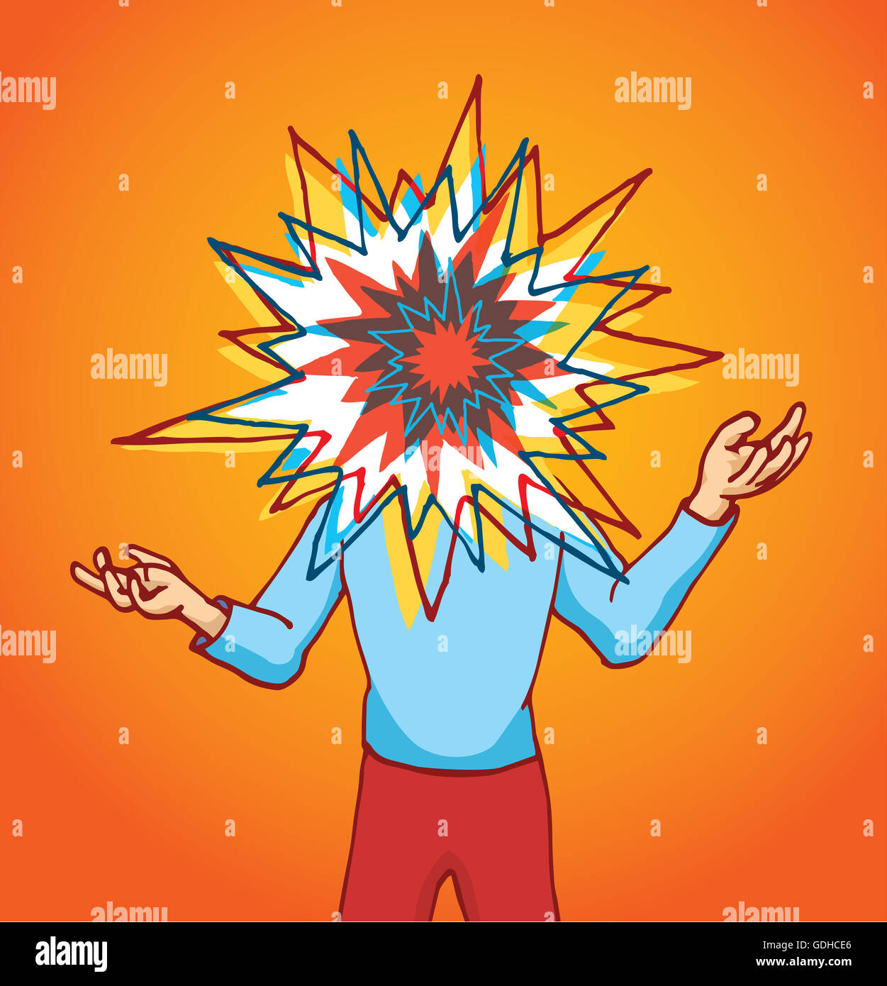 Cartoon illustration of stressed man with colorful exploding head Stock ...