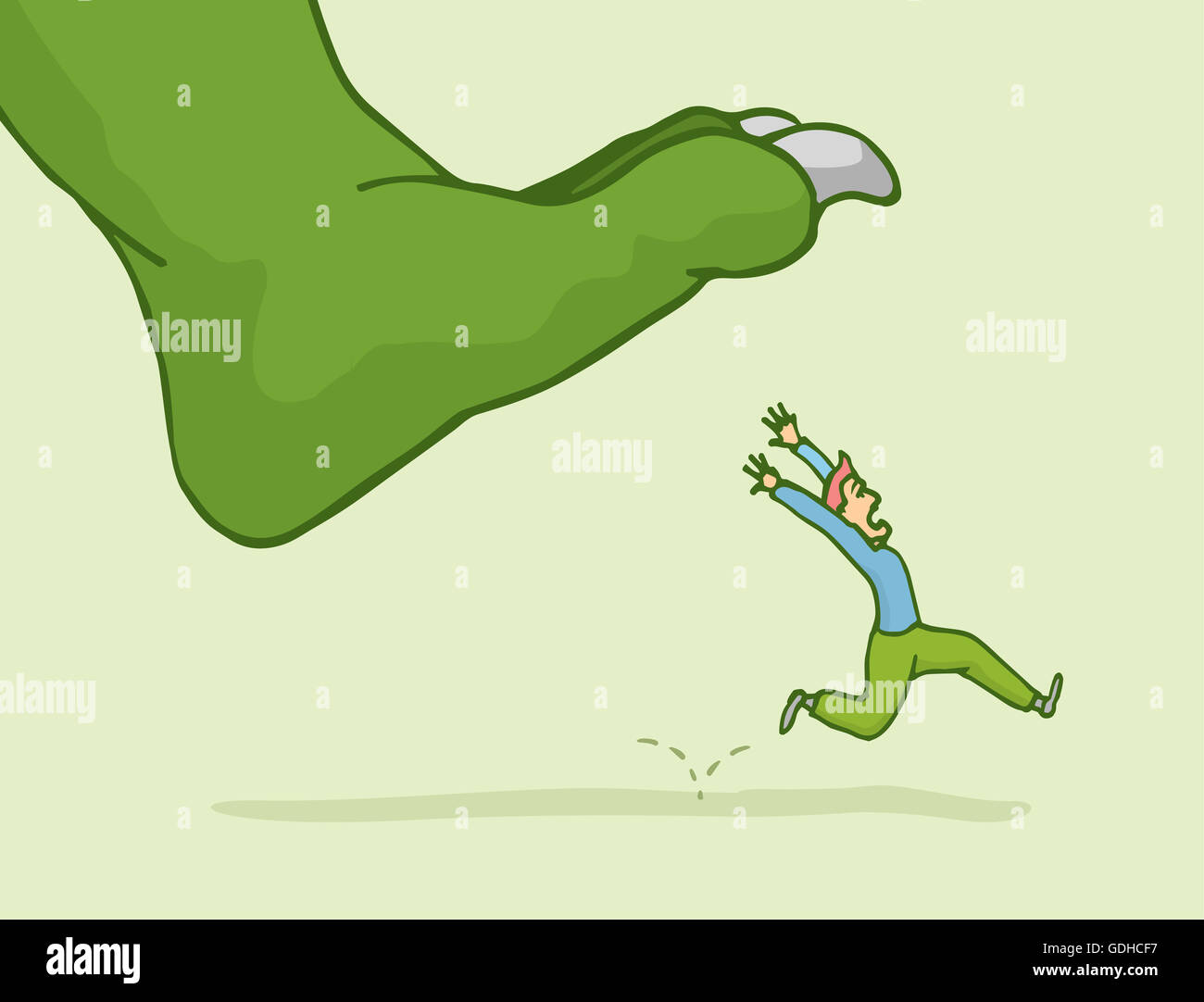 Cartoon illustration of man in panic fleeing from giant monster step Stock Photo