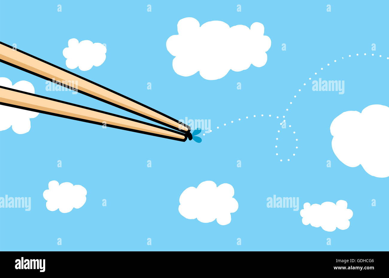 Cartoon illustration of two quick chopsticks successfully catching a fly Stock Photo