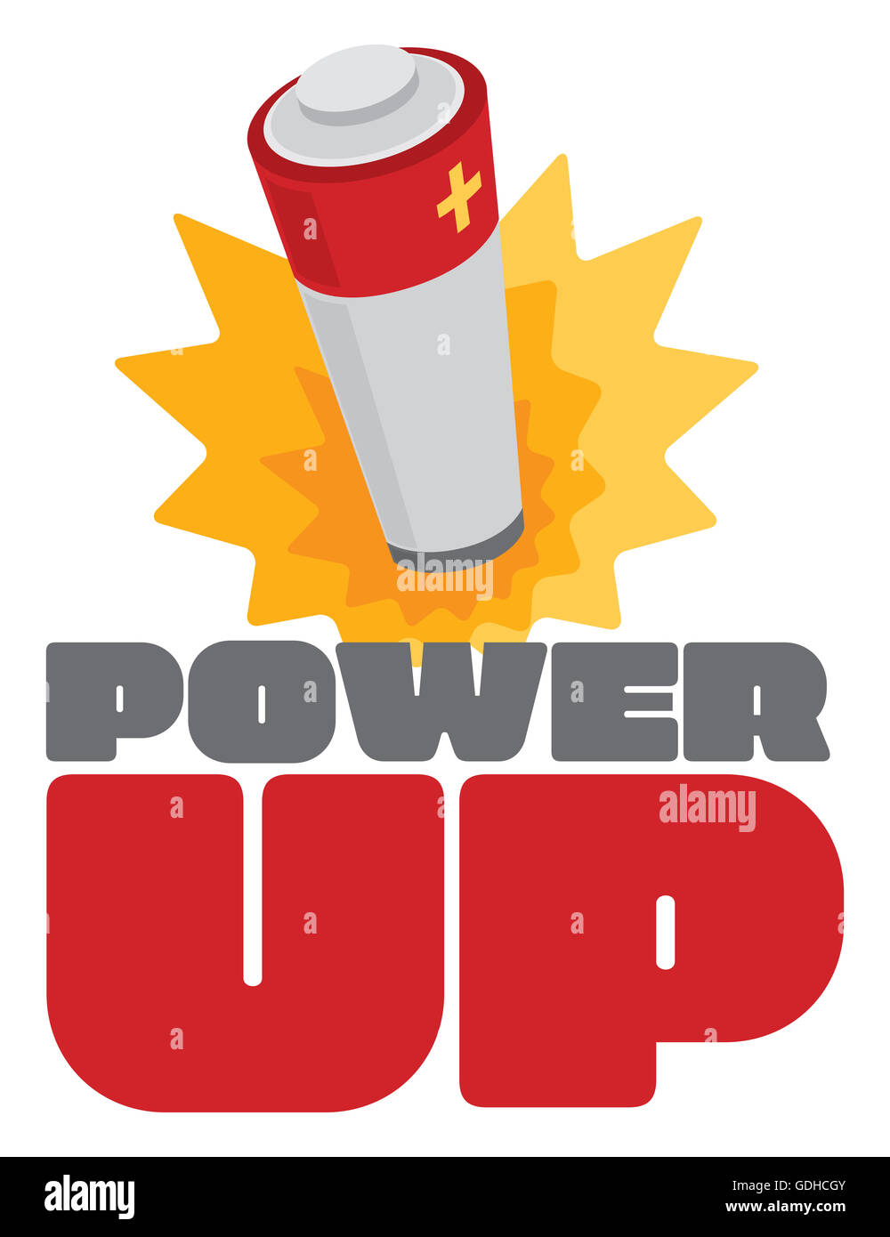 Cartoon illustration of battery energy burst over power up sign Stock Photo