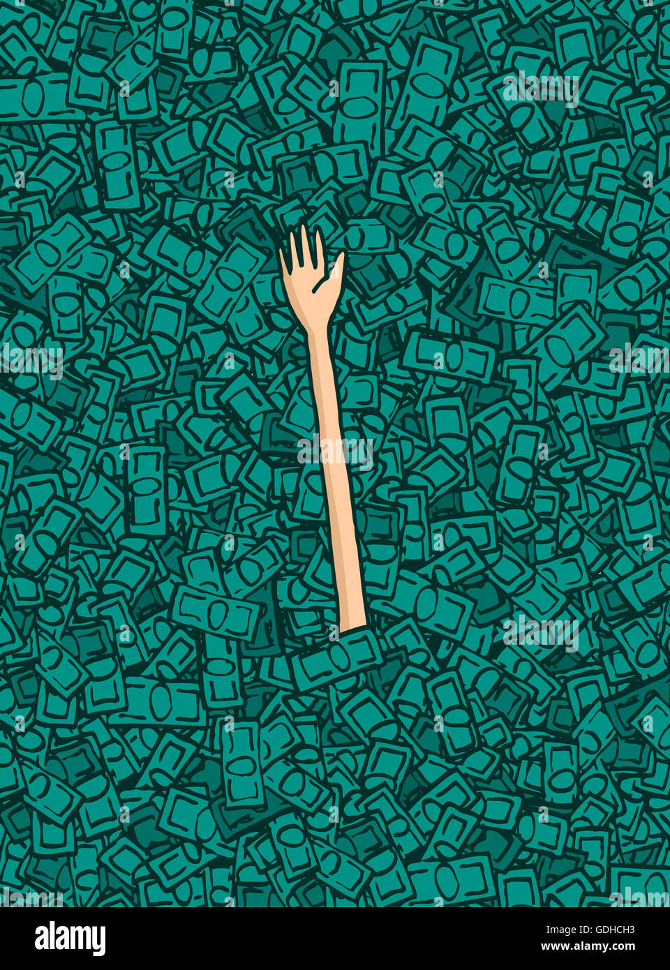 Cartoon illustration of a rich man buried in money reaching out Stock Photo