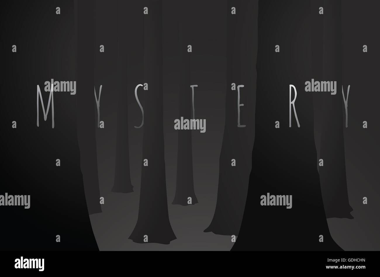 Cartoon illustration of mystery word merging to trees over dark woods Stock Photo