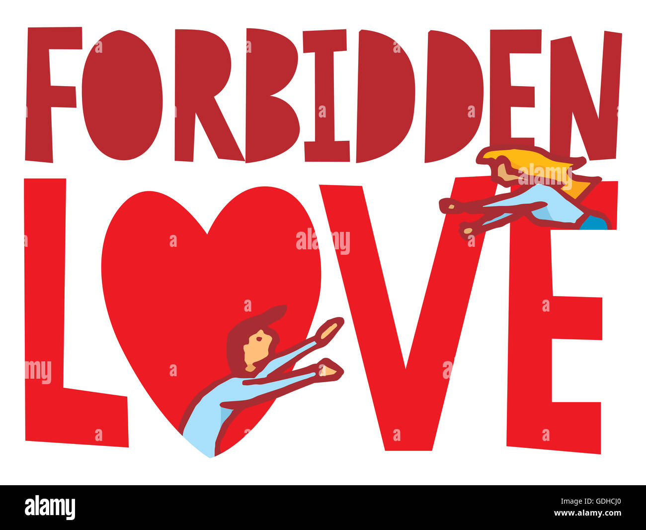 Cartoon illustration of couple in forbidden love struggling to be together Stock Photo