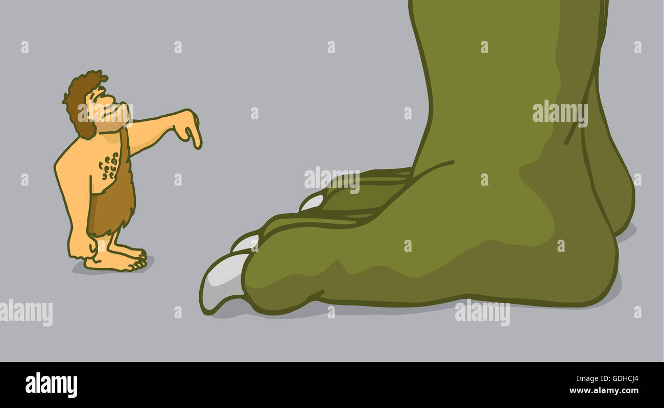 Cartoon illustration of a funny caveman training or domesticating a dinosaur Stock Photo