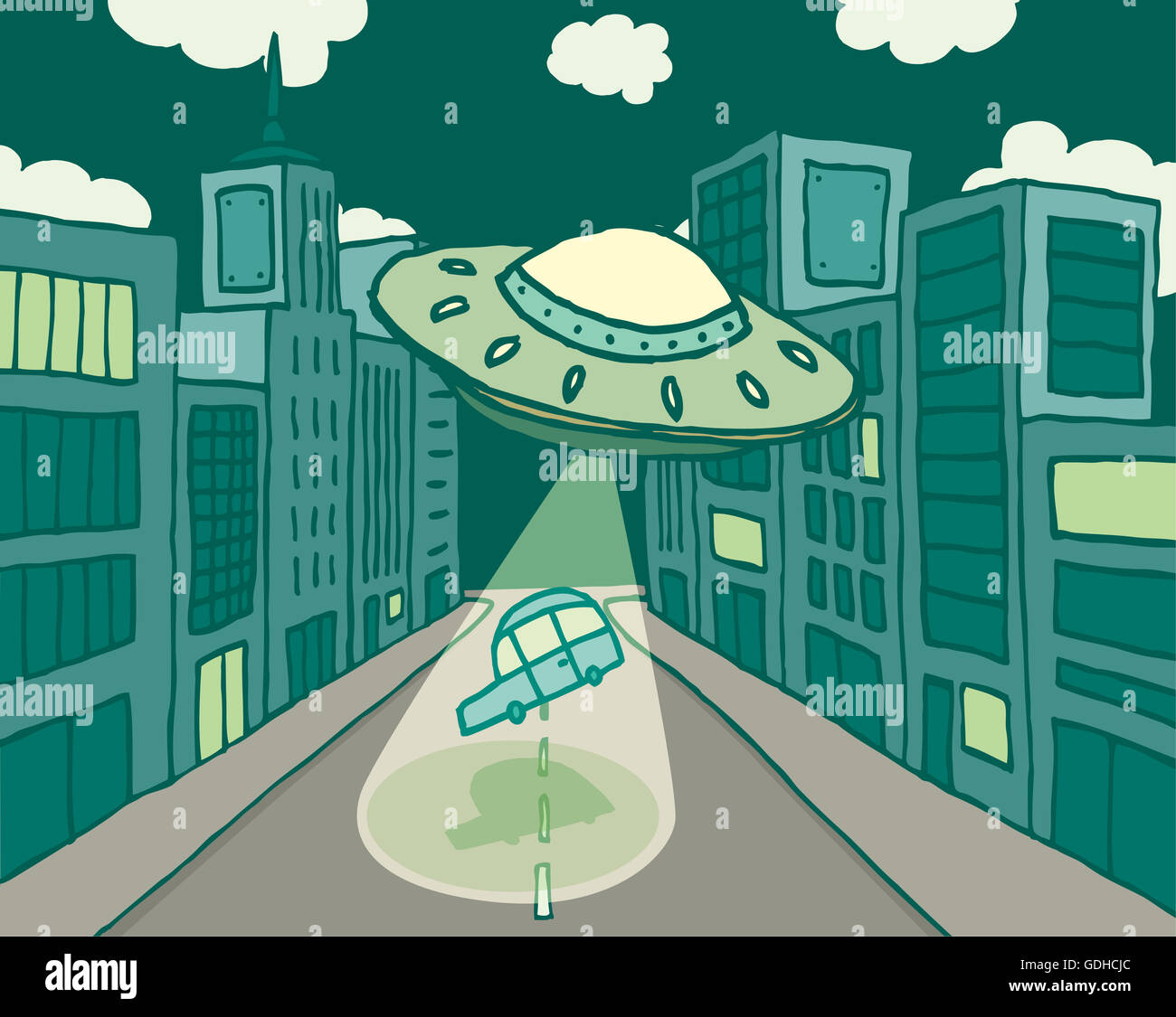 Cartoon illustration of alien UFO abducting a car in the street Stock Photo