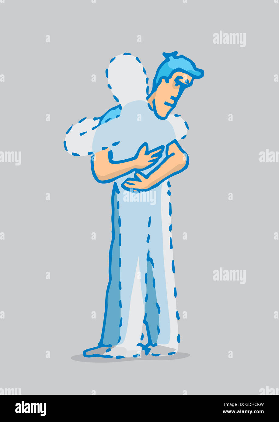 Cartoon illustration of man hugging a missing person or ghost Stock Photo