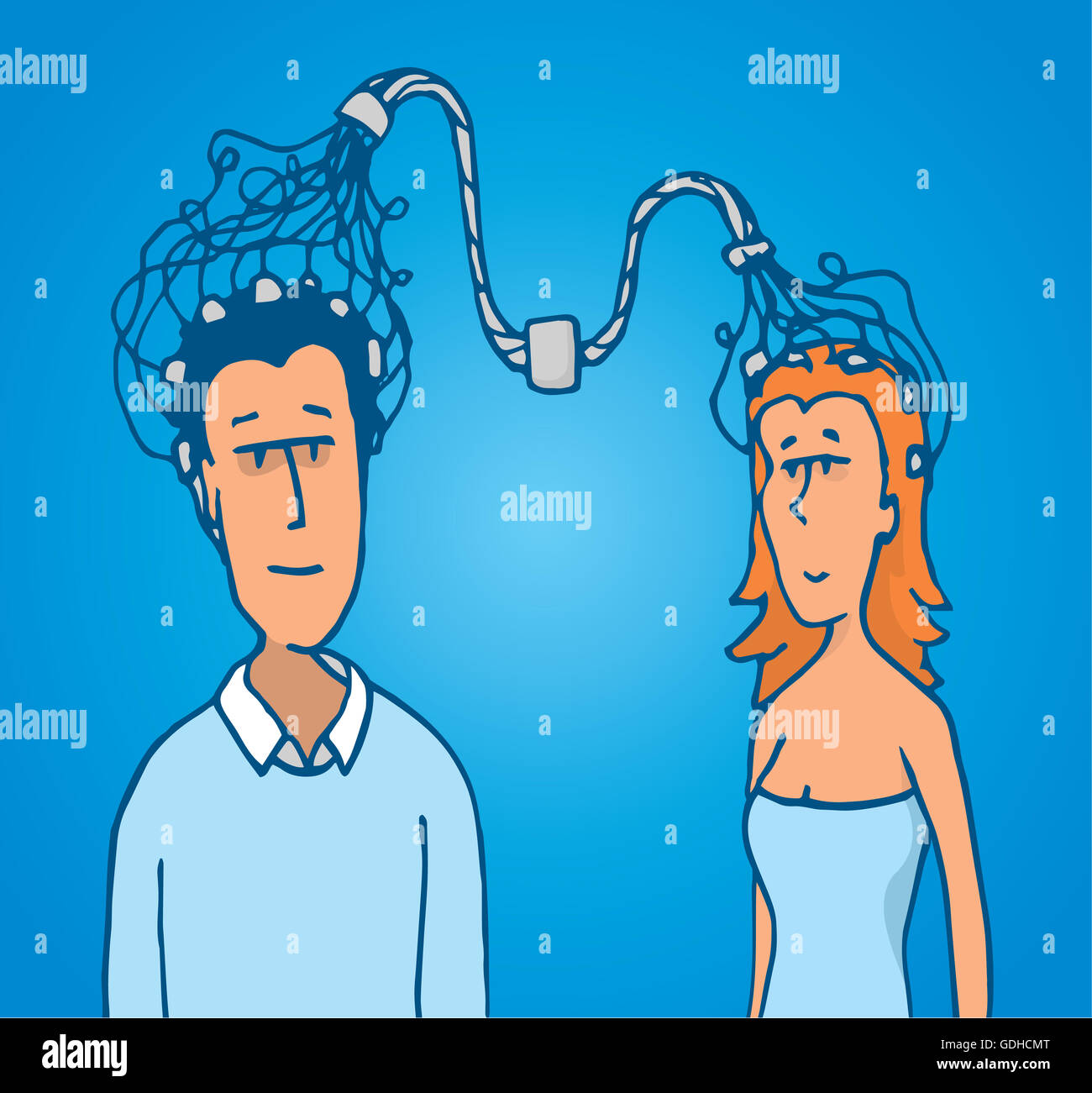 Cartoon illustration of connection between man and woman brains Stock Photo
