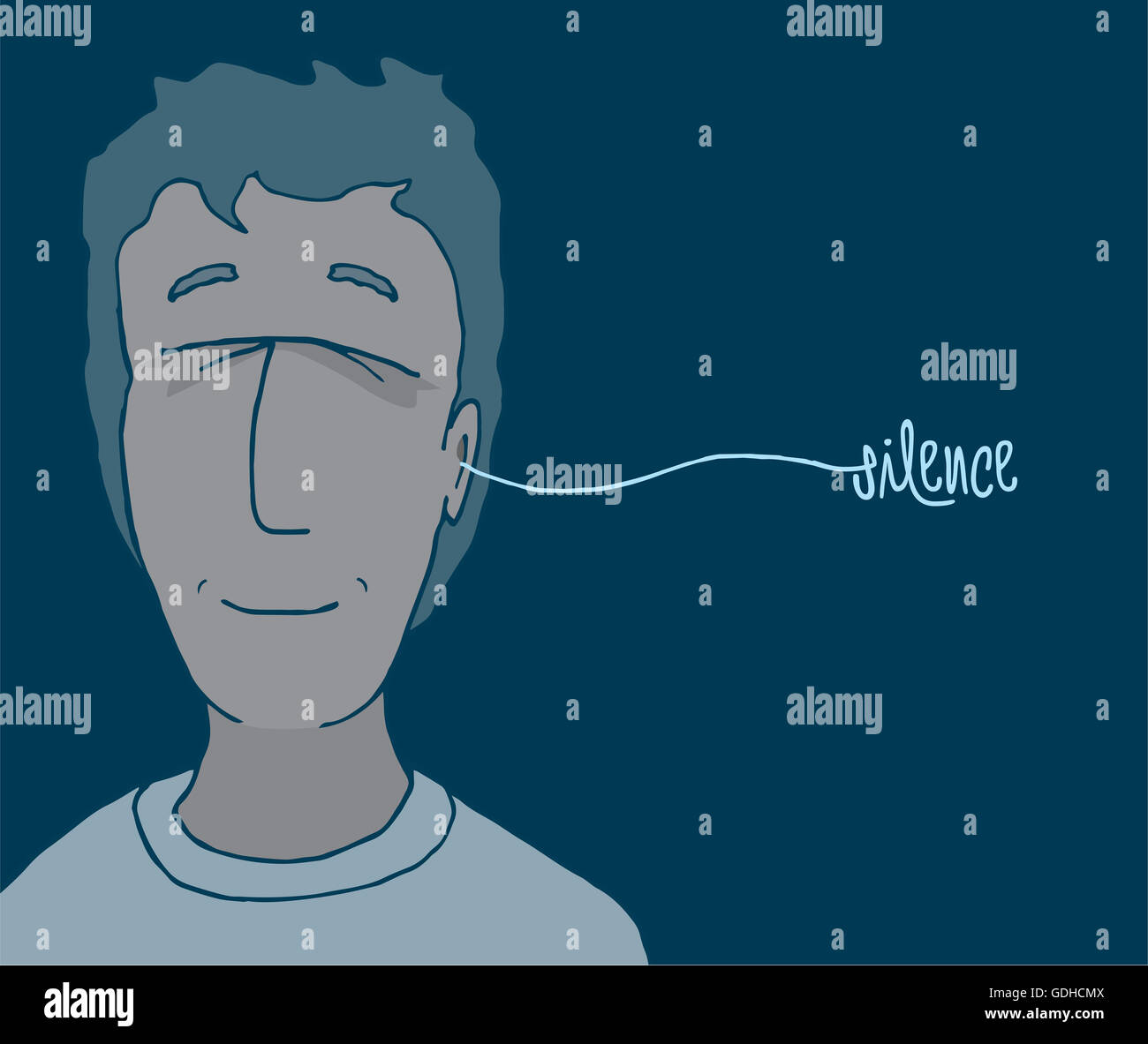 Cartoon illustration of man with his eyes closed meditating on silence Stock Photo