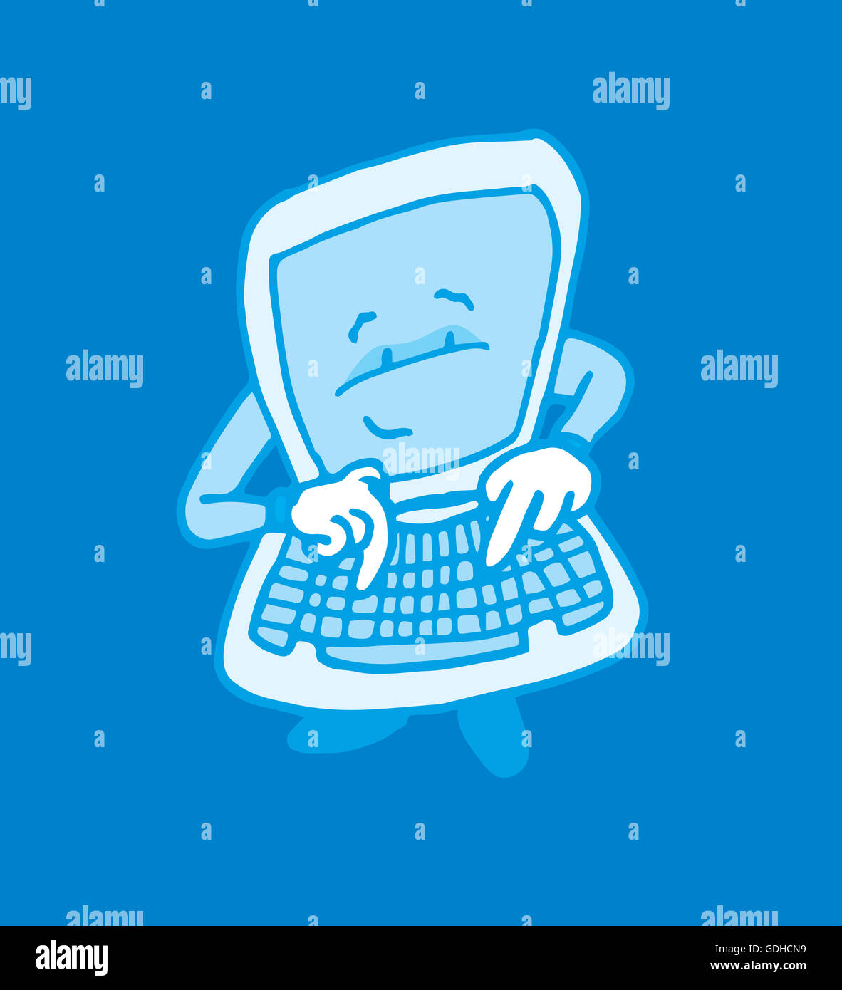 Cartoon illustration of self aware intelligent computer typing on its keyboard Stock Photo