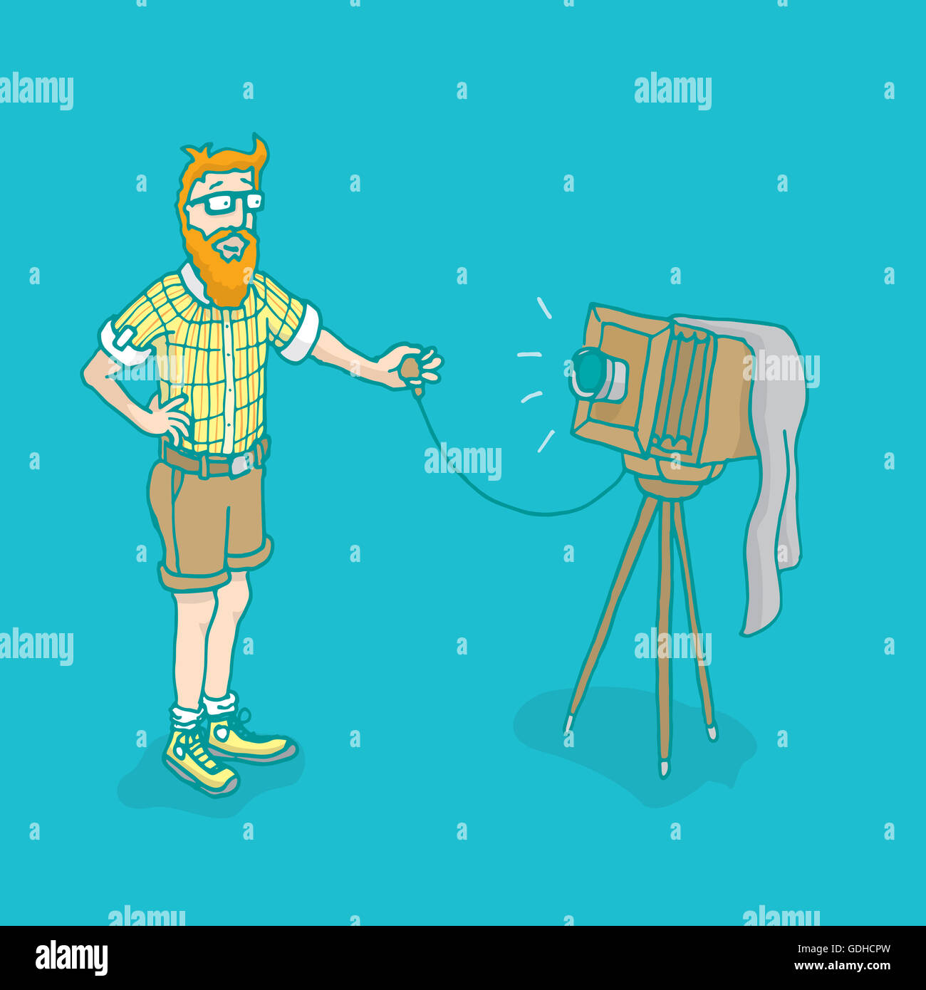 Cartoon illustration of funny hipster taking a selfie on a vintage antique  old photograph camera Stock Photo - Alamy