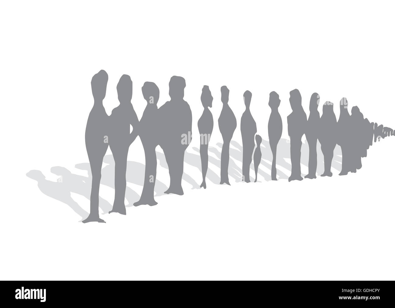 Cartoon illustration of endless queue of waiting unrecognizable people silhouettes Stock Photo