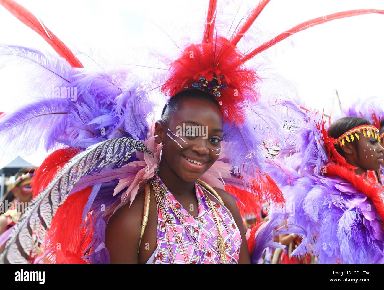 Toronto, Canada. 16th July, 2016. Girls attend the Junior Parade of the 2016 Caribbean Carnival in Toronto, Canada, July 16, 2016. Over 2,000 junior masqueraders took part in the annual traditional parade on Saturday. Credit:  Zou Zheng/Xinhua/Alamy Live News Stock Photo