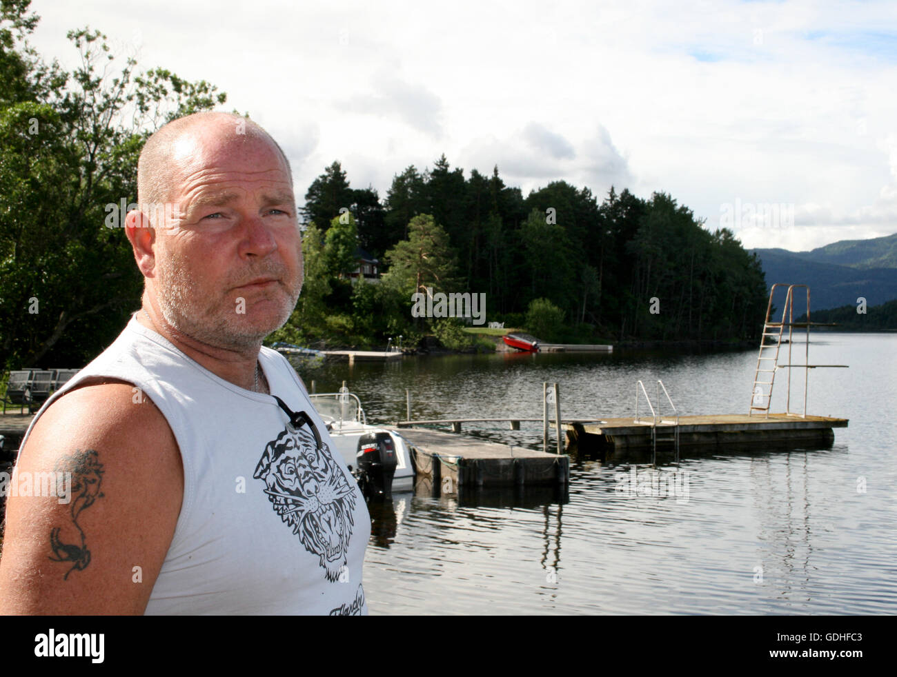 Utoya, Norway. 13th July, 2016. Resident Jorn Overby, who drove to the