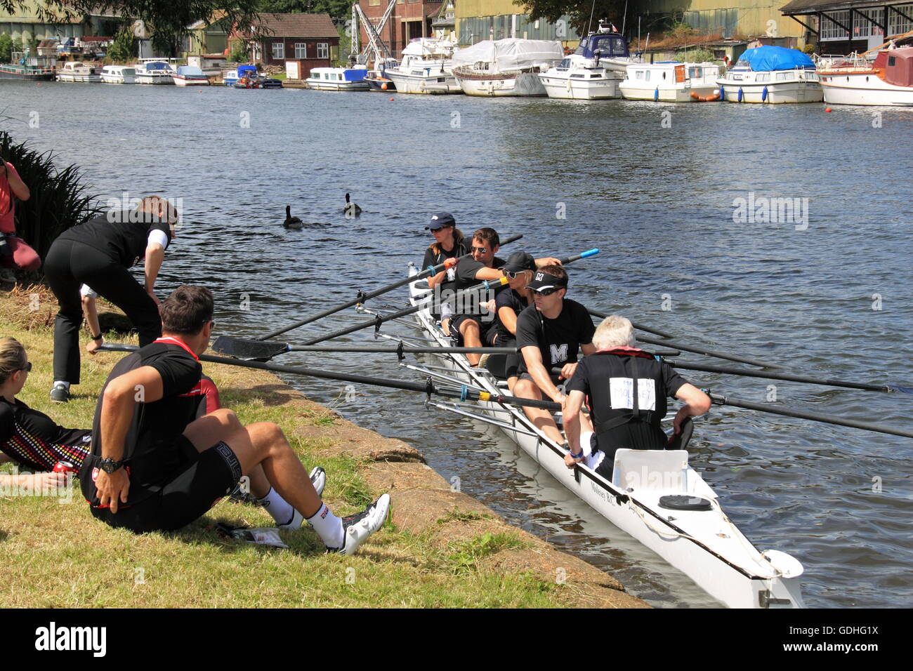 Molesey Mayhem Explore launches. Molesey Amateur Regatta, 16th July 2016, River Thames, Hurst Park Riverside, East Molesey, near Hampton Court, Surrey, England, Great Britain, United Kingdom, UK, Europe. Annual amateur rowing competition and social event established in 1867. Credit:  Ian Bottle/Alamy Live News Stock Photo